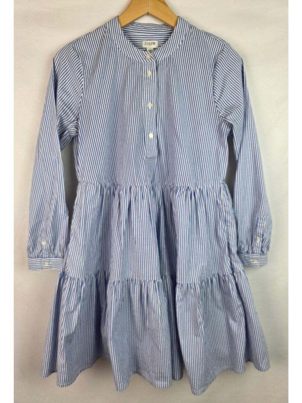 J.Crew Womens Dress Size XS Blue Striped Long Sleeve Tiered Poplin Dress Pockets
